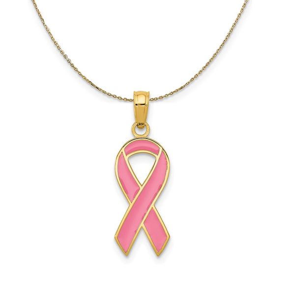 14k Yellow Gold & Pink Enamel Awareness Ribbon Necklace - 16 Inch